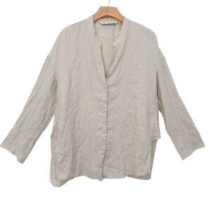 Zara Shirt Womens XS Beige 100% Linen Long Sleeve Oversized Casual Coastal Beach